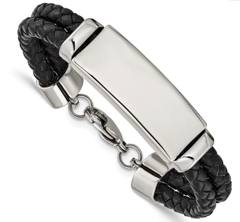 Mens braided leather bracelet with silver plate