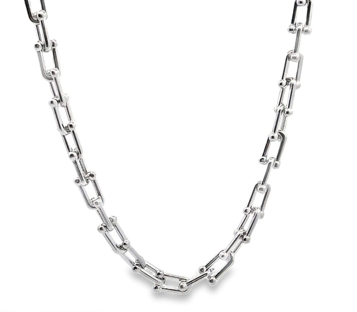 rhodium filled alternating bead paperclip necklace