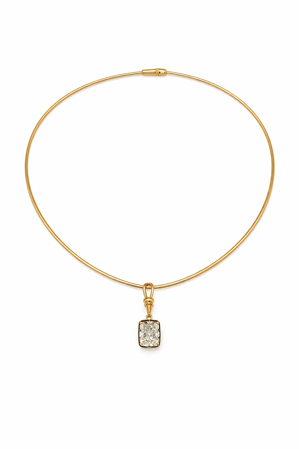 Gold necklace with a rectangular pendant on a white background