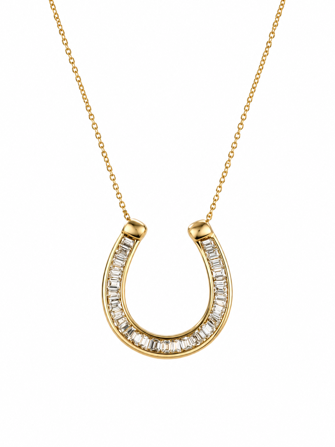 Gold horseshoe-shaped necklace with diamond accents on a white background
