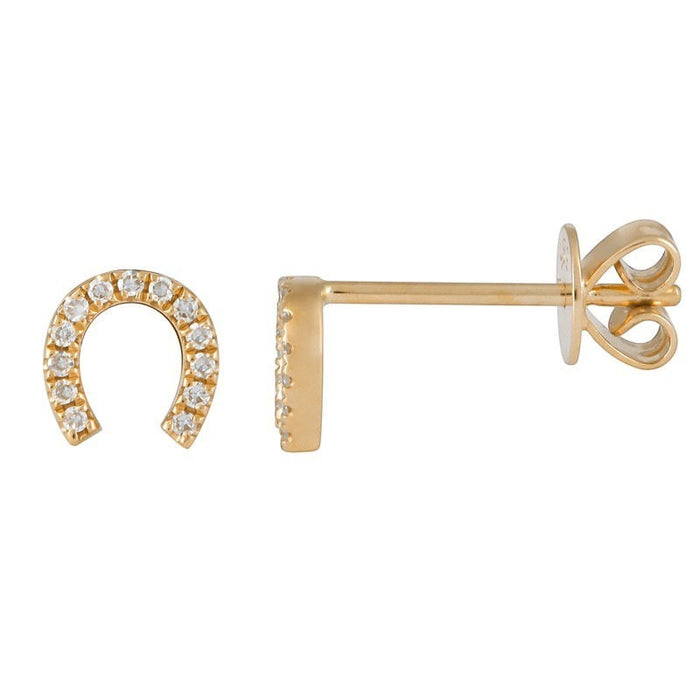 Gold horseshoe-shaped earrings with clear stones on a white background