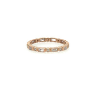 Rose gold ring with embedded diamonds on a white background