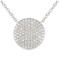 Silver necklace with a round, diamond-studded pendant on a white background