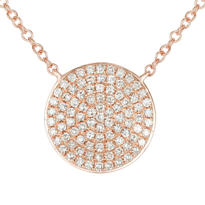 Rose gold necklace with a round diamond pendant on a white background