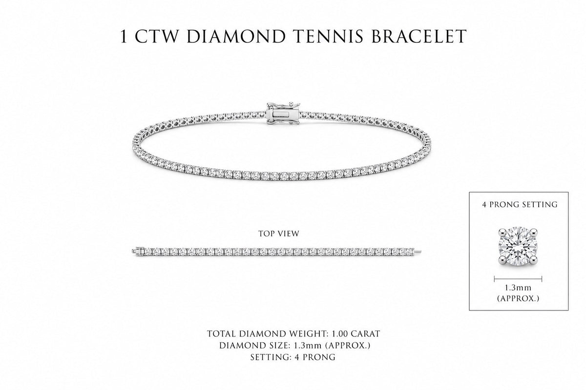 1 CTW Diamond tennis bracelet with detailed specifications on a white background
