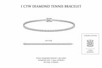 1 CTW Diamond tennis bracelet with detailed specifications on a white background