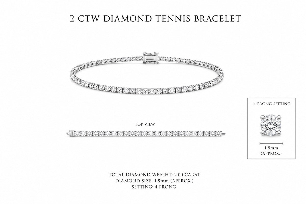 2 CTW Diamond tennis bracelet with detailed specifications on a white background