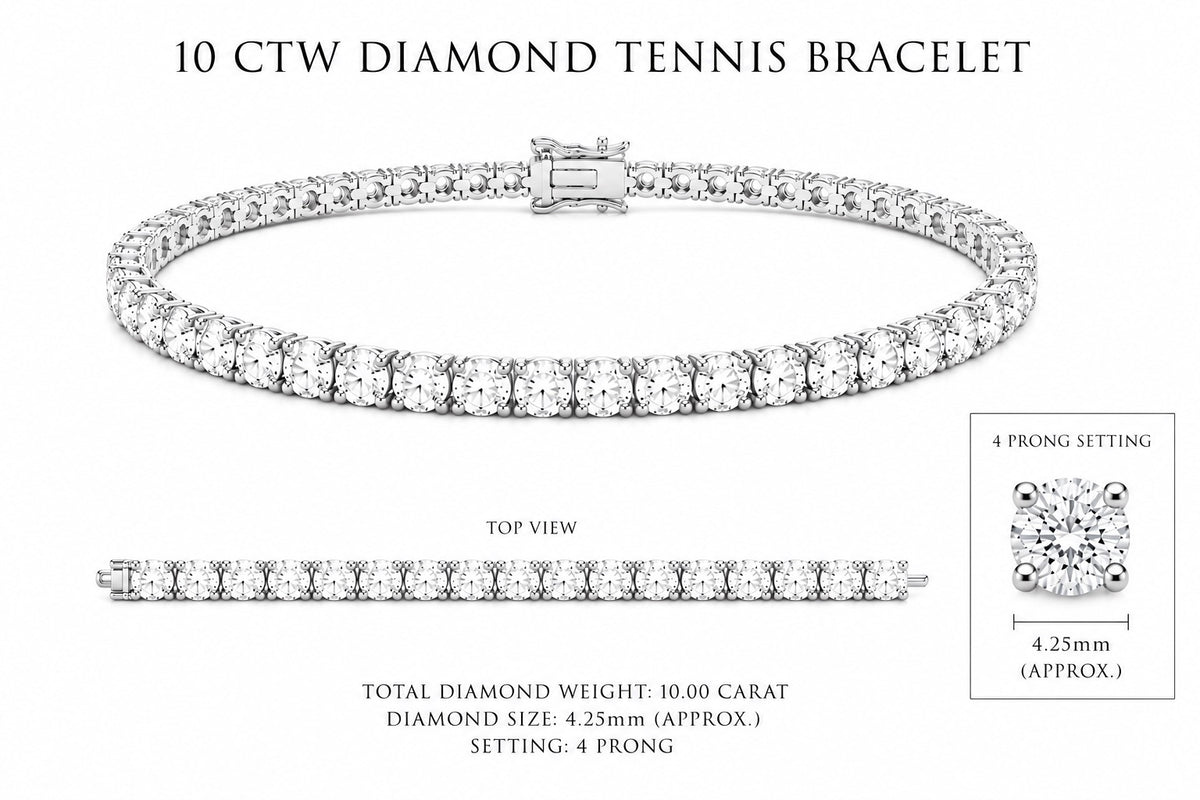 10 CTW Diamond tennis bracelet with detailed specifications on a white background