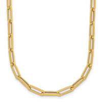 A gold paperclip chain necklace with polished, elongated rectangular links, displayed against a clean white background.