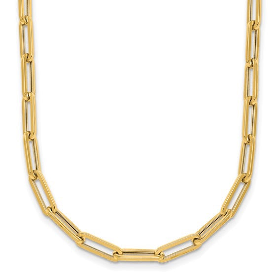 A gold paperclip chain necklace with polished, elongated rectangular links, displayed against a clean white background.