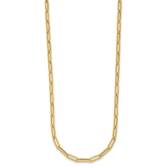 A gold paperclip chain necklace shown against a plain white background.