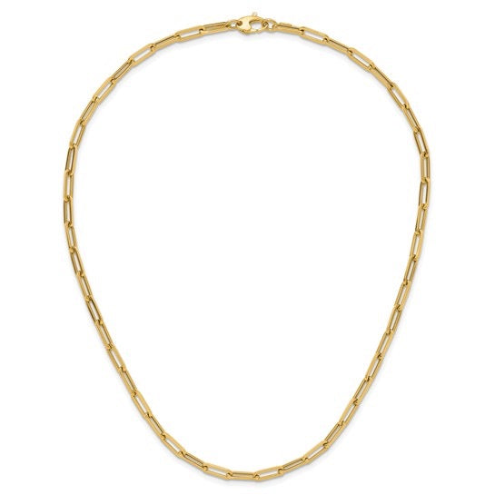 A gold paperclip chain necklace with a lobster clasp, displayed on a clean white background.