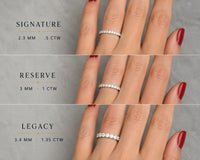 Three horizontal panels show a woman's hand wearing a silver eternity ring with different diamond counts: Signature (.5 CTW), Reserve (1 CTW), and Legacy (1.