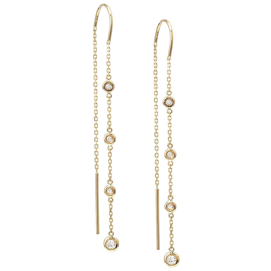 Gold threader earrings with small diamonds on a white background