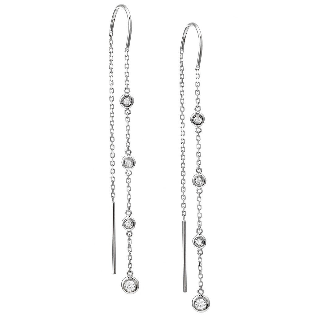 Pair of silver threader earrings with small diamonds on a white background