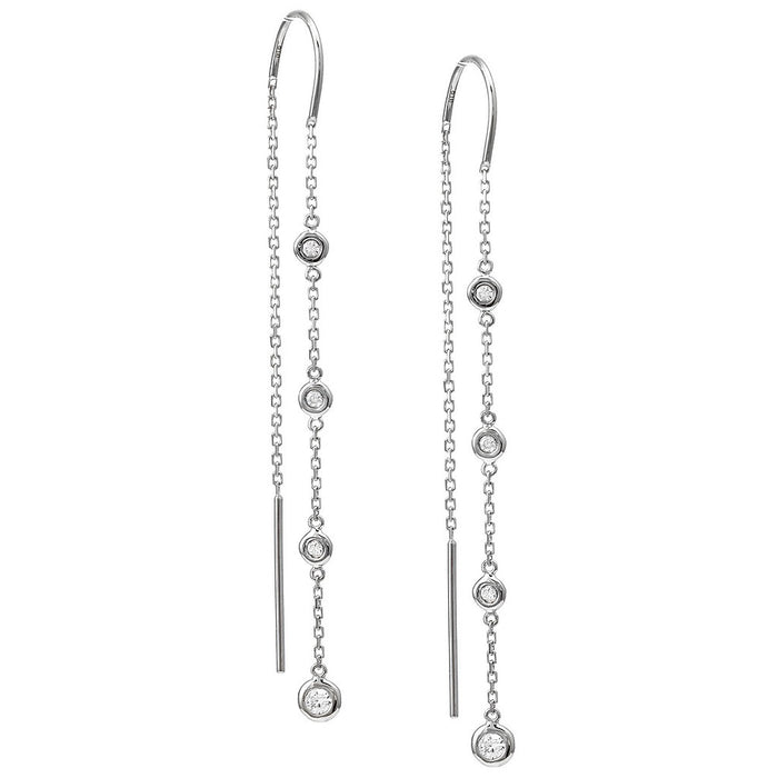 Pair of silver threader earrings with small diamonds on a white background