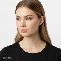 The Karat Concierge diamonds by the yard necklace in yellow gold with bezel set diamonds worn by a woman