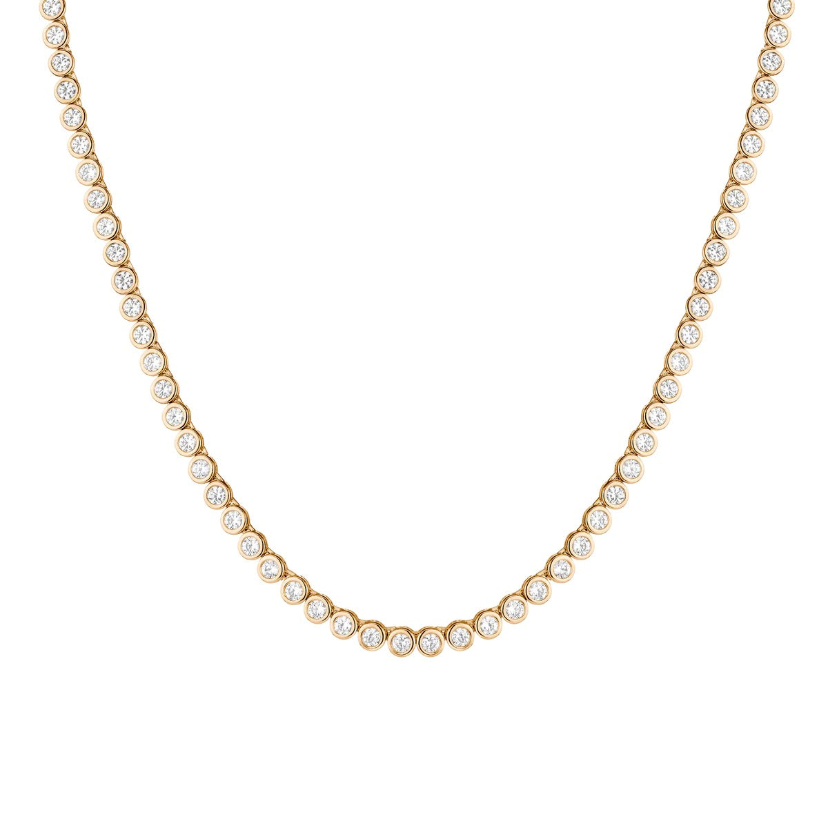 The Karat Concierge 14K yellow gold tennis necklace featuring a continuous line of bezel set round brilliant diamonds.