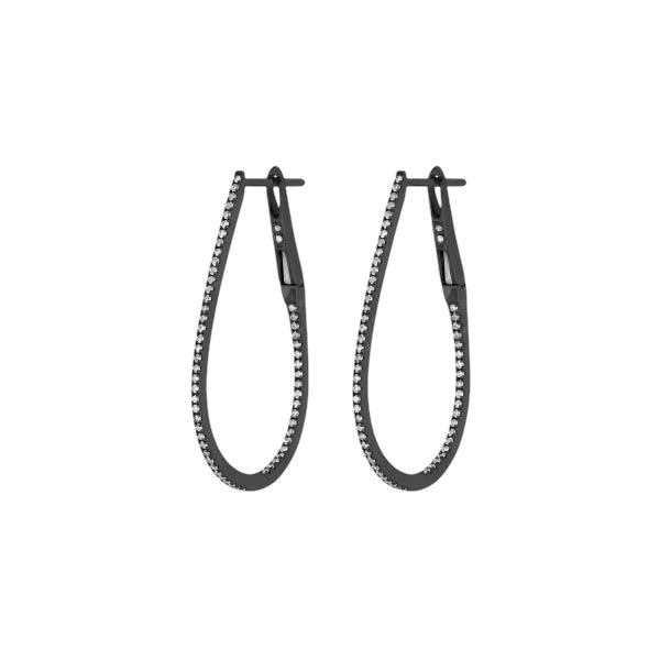 The Karat Concierge tear shaped inside-out diamond hoop earrings in black rhodium plated gold with brilliant sparkle.