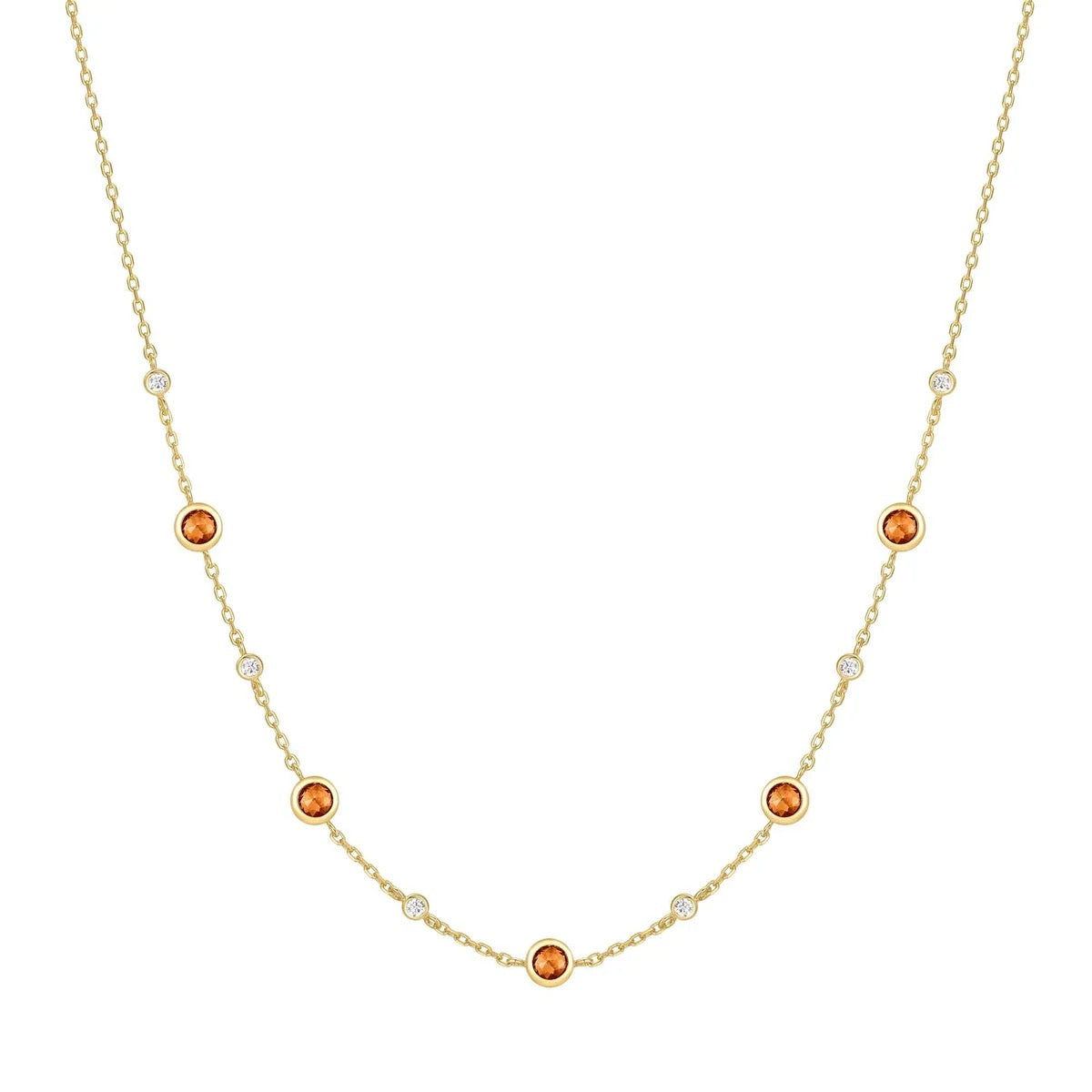The Karat Concierge 14K gold plated necklace with burnt orange bezel set nano gems and clear cubic zirconia accents.