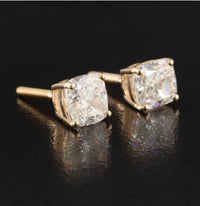 The Karat Concierge cushion cut diamond stud earrings in 18K yellow gold with 2.08 CTW G VS1 natural diamonds.