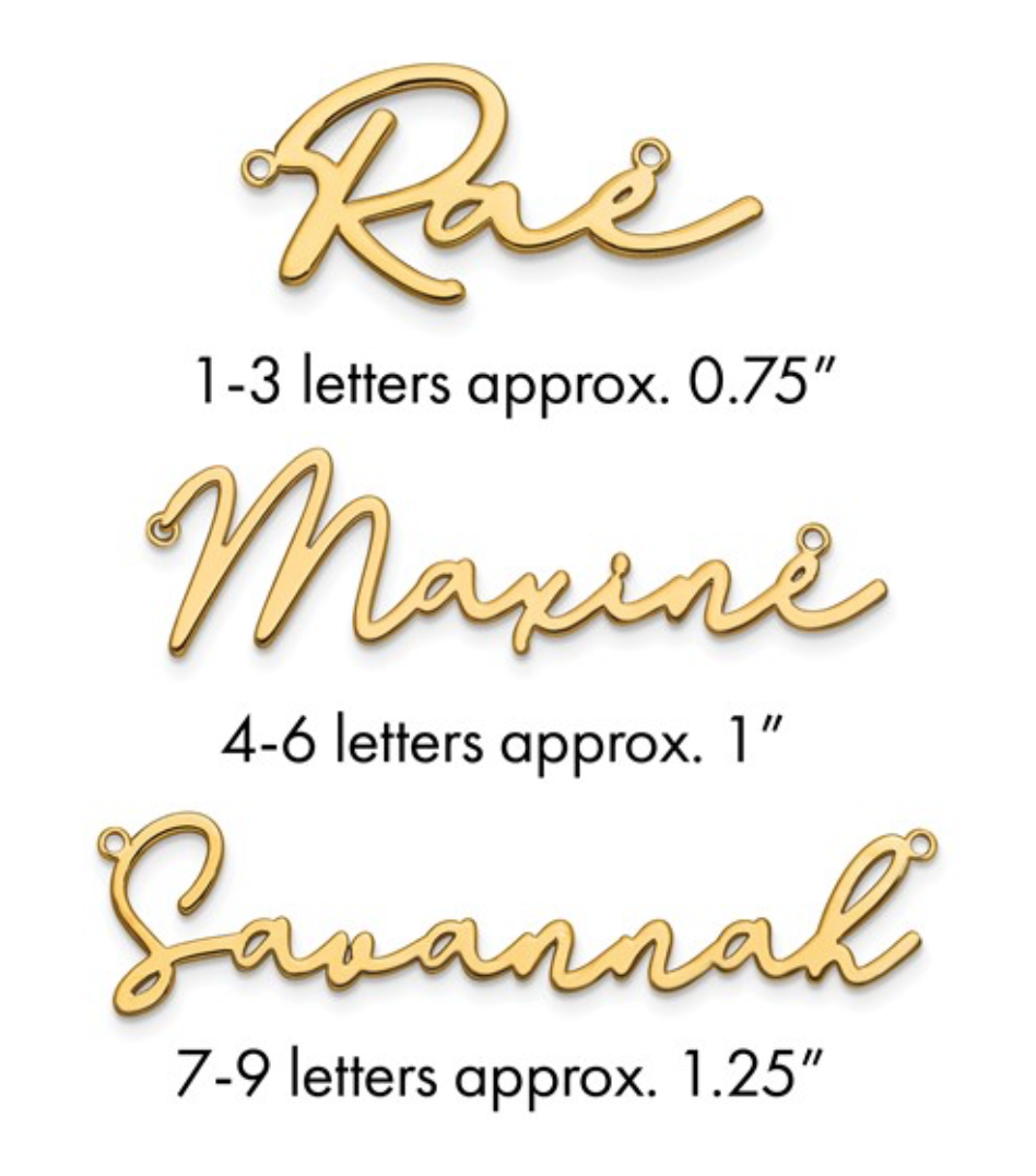 The Karat Concierge custom 14K yellow gold name necklaces in elegant script font with varying lengths and sizes