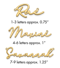 The Karat Concierge custom 14K yellow gold name necklaces in elegant script font with varying lengths and sizes