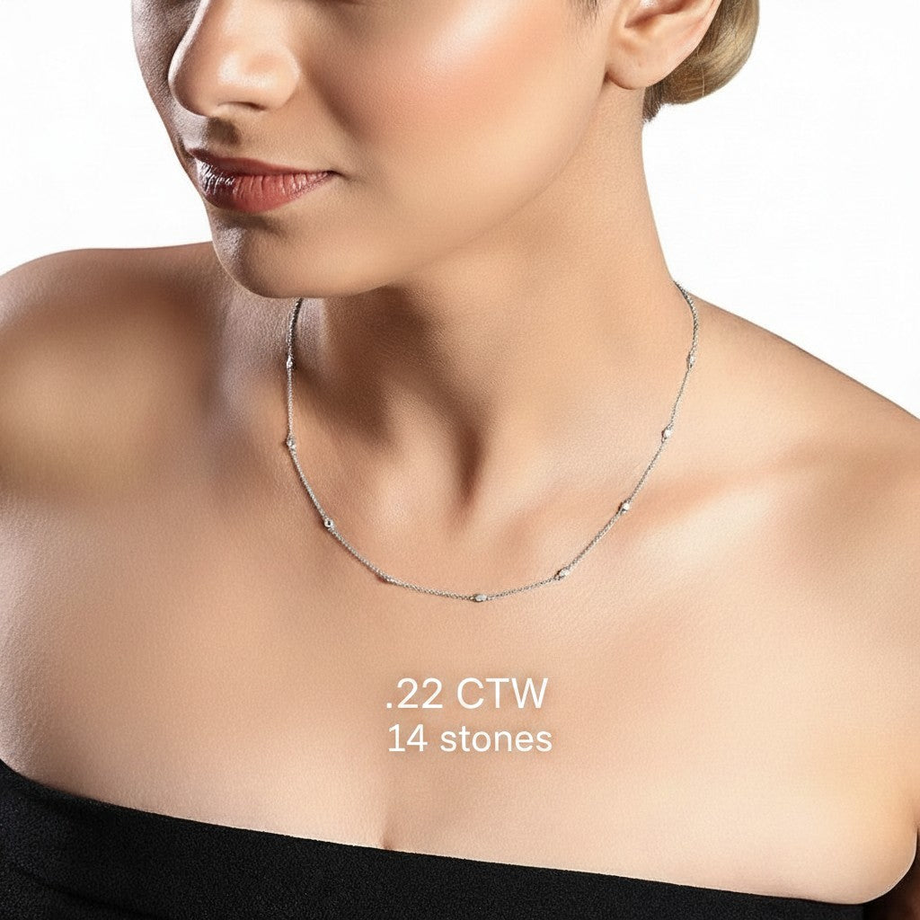 The Karat Concierge 14K white gold necklace with 14 bezel-set diamonds, worn on a model against a white background.