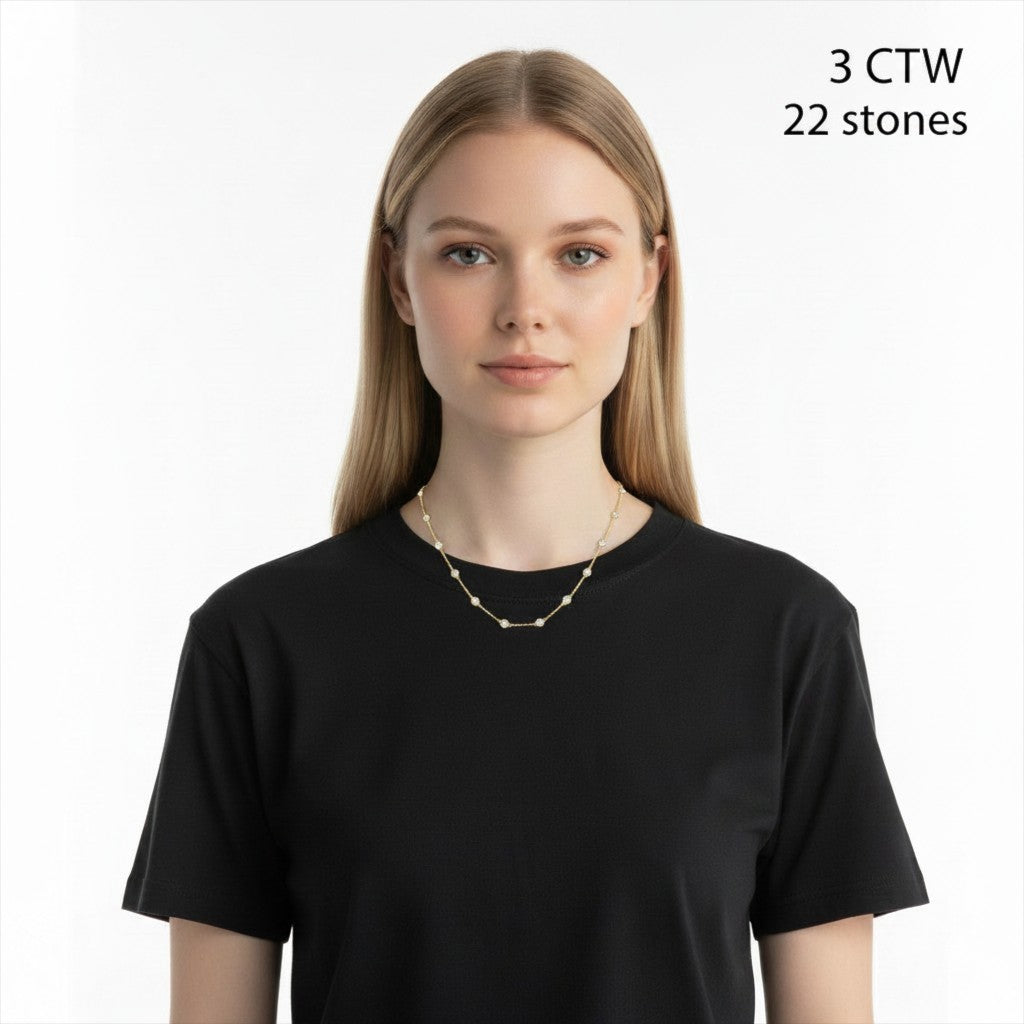 The Karat Concierge 3 CTW diamonds by the yard necklace with 22 bezel-set diamonds on a gold chain worn by a model.