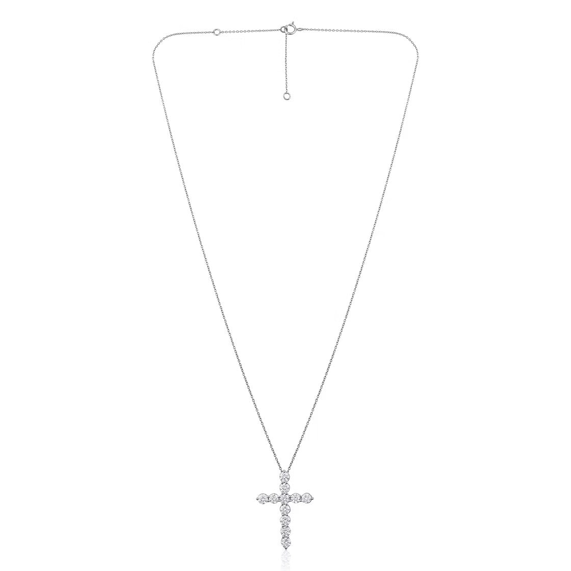 The Karat Concierge 14K white gold cross necklace featuring 11 sparkling natural diamonds on a delicate chain.