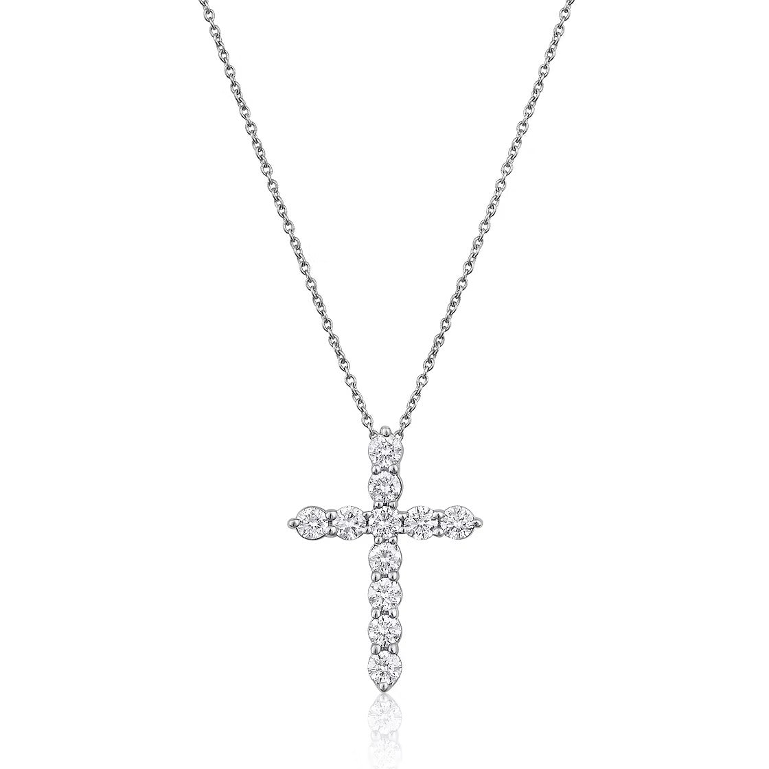 The Karat Concierge 14K white gold cross necklace featuring 11 sparkling round-cut diamonds on a delicate chain.