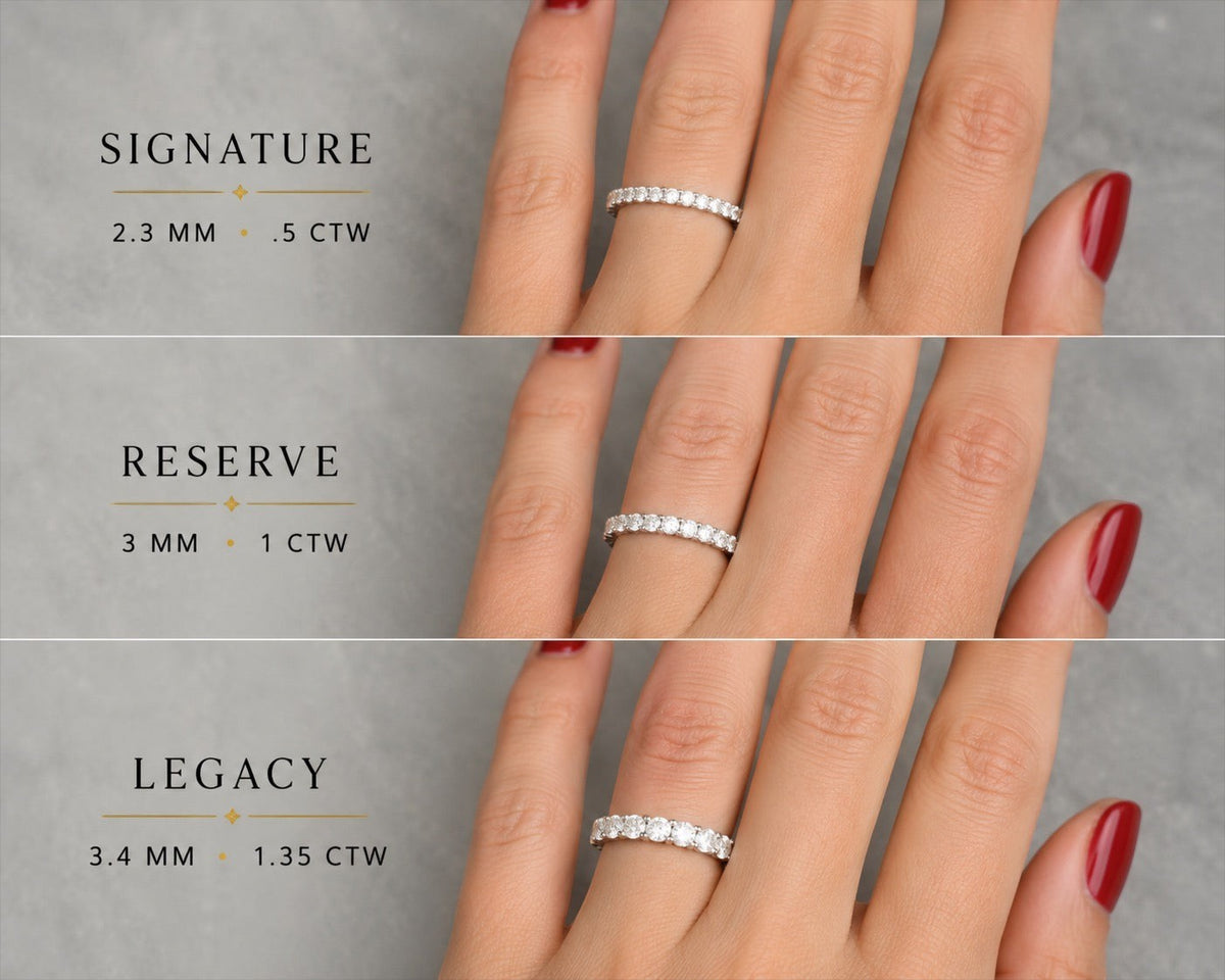 The Karat Concierge diamond halfway bands in yellow gold shown on a hand in Signature, Reserve, and Legacy styles.
