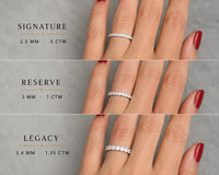 The Karat Concierge diamond halfway bands in yellow gold shown on a hand in Signature, Reserve, and Legacy styles.