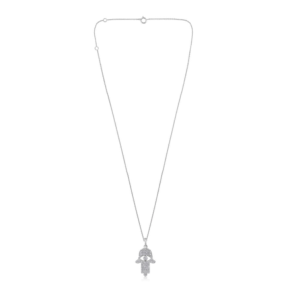 The Karat Concierge 14K gold Hamsa pendant necklace featuring 109 sparkling natural diamonds on a delicate chain.