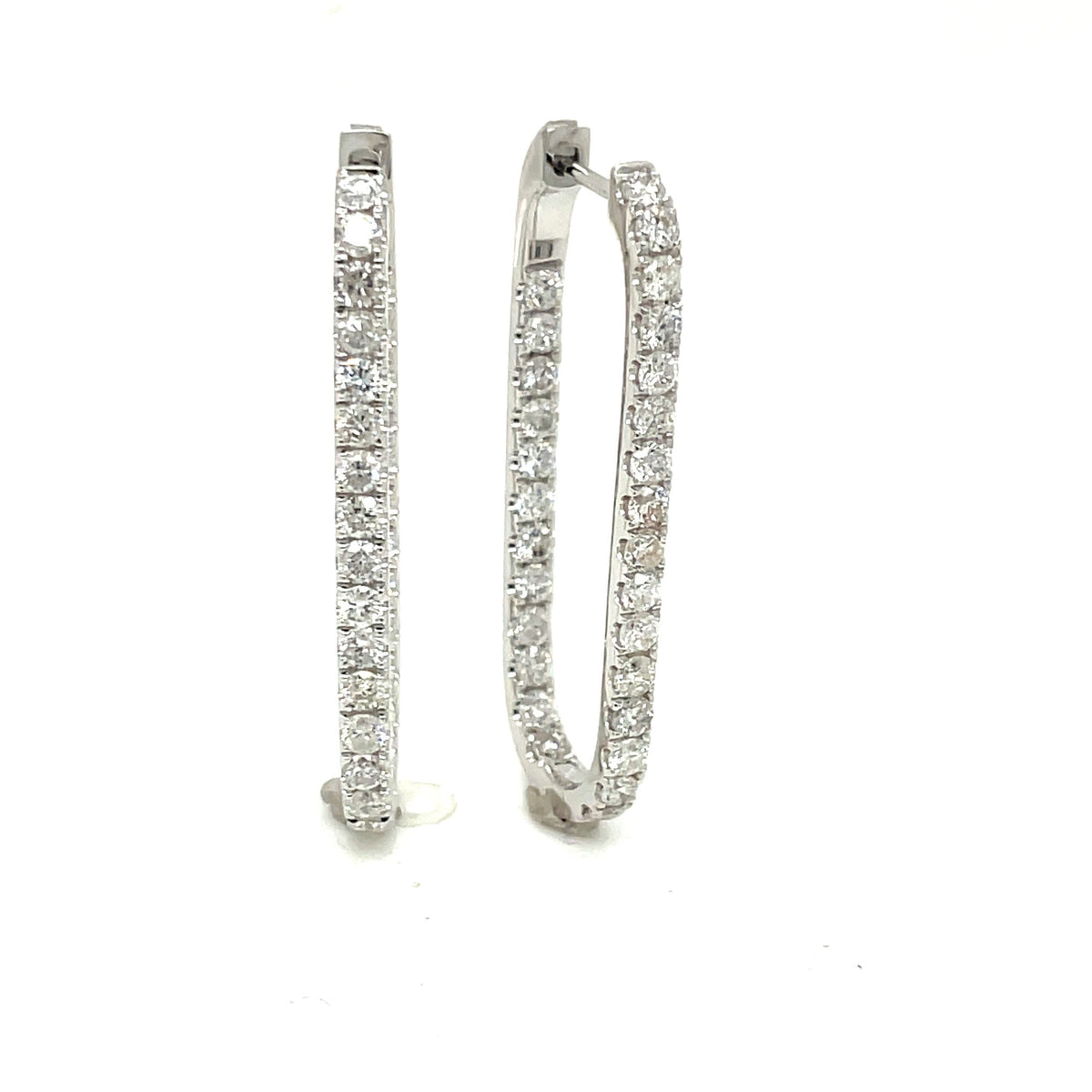 The Karat Concierge 1.3 CTW diamond paperclip hoop earrings in 14K white gold with diamonds set inside and out.
