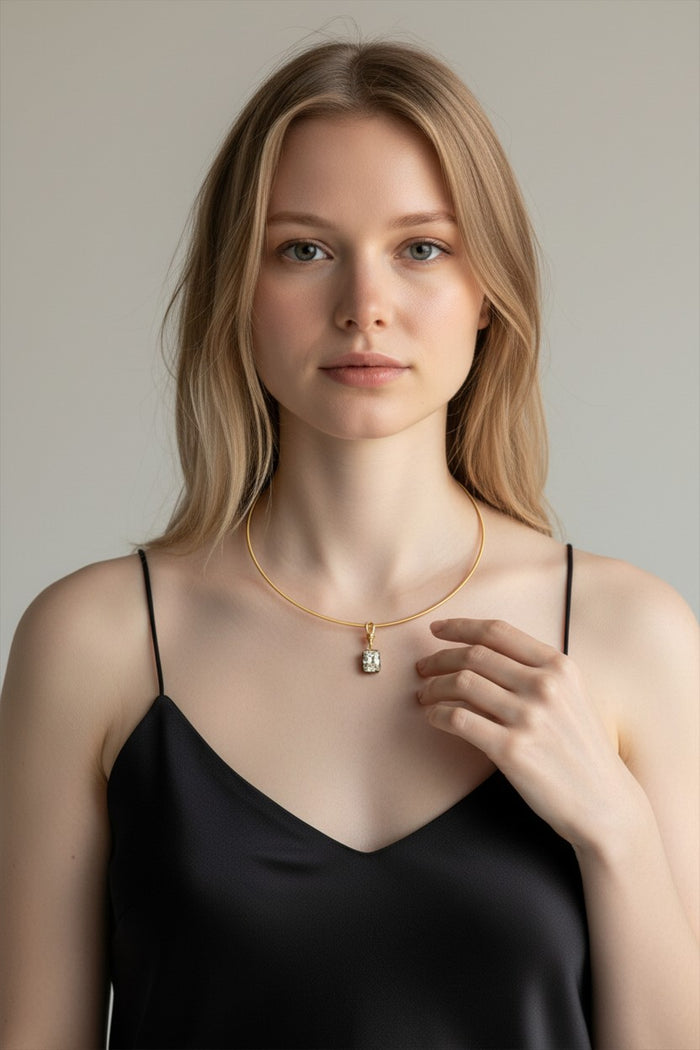 The Karat Concierge radiant cut lab-grown diamond pendant in 14K yellow gold with black rhodium on an Omega chain.