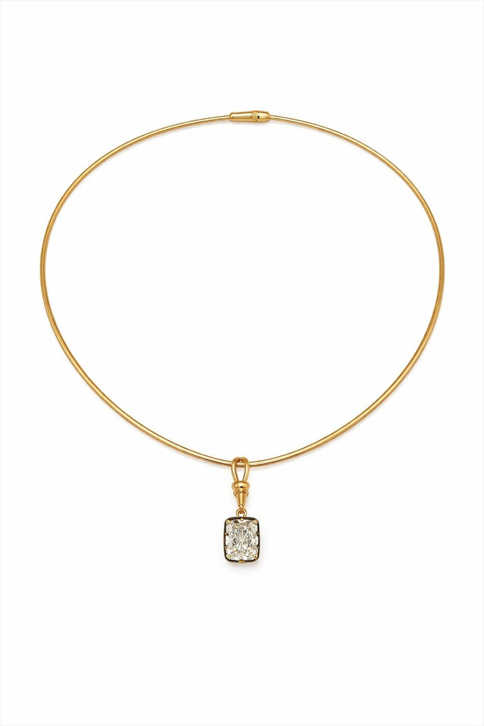 The Karat Concierge radiant cut lab-grown diamond pendant in 14K yellow gold with black rhodium on an Omega chain.