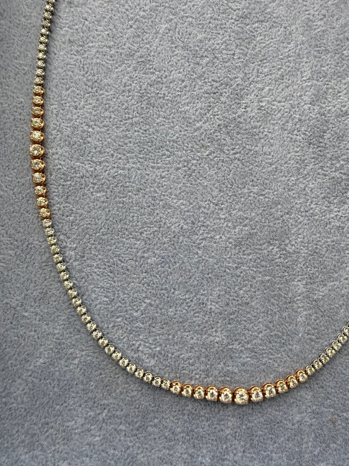 The Karat Concierge Rose Riviera 32-inch tennis necklace featuring 14K white and rose gold with natural diamonds.