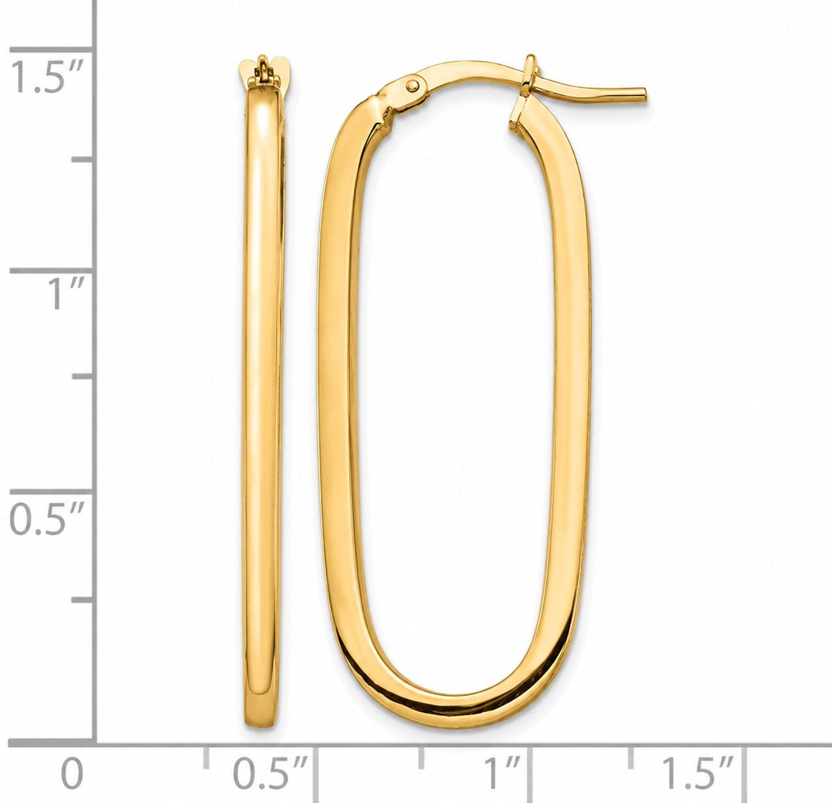 The Karat Concierge 14K yellow gold elongated paperclip hoop earrings with a polished finish on a measurement grid.