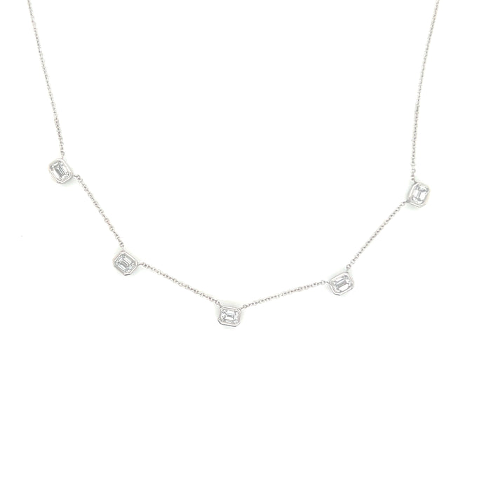The Karat Concierge 14K white gold necklace featuring five bezel set emerald cut lab grown diamonds on a delicate chain