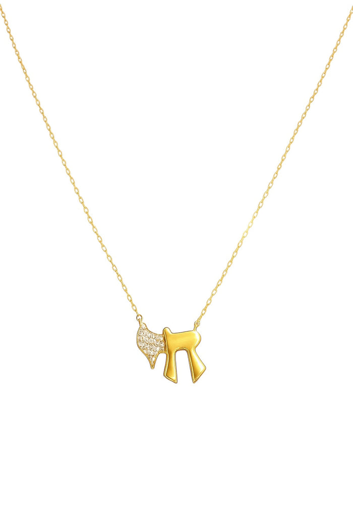 The Karat Concierge 14K yellow gold Chai necklace with pavé diamonds on a delicate 18-inch adjustable chain.