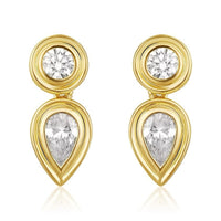 The Karat Concierge Gatsby drop earrings in 14K gold featuring bezel-set round and pear-shaped natural diamonds.