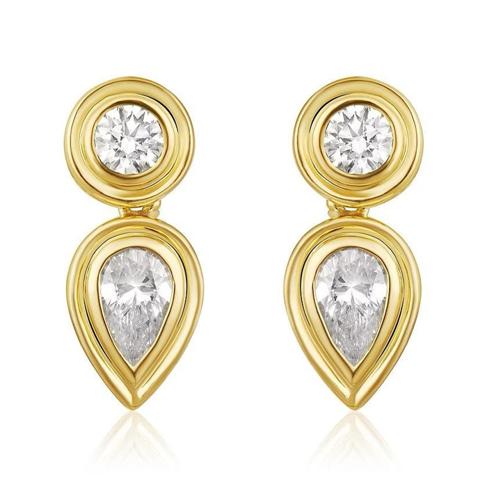 The Karat Concierge Gatsby drop earrings in 14K gold featuring bezel-set round and pear-shaped natural diamonds.