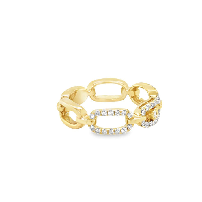 The Karat Concierge 3 stone sliding diamond ring in gold with pave diamond links and a central bezel set diamond.