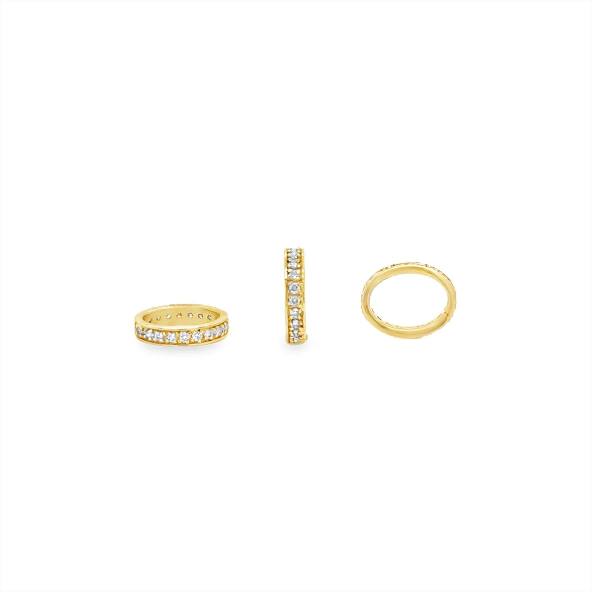 The Karat Concierge 14K yellow gold oval bangle rondelle with channel-set diamonds in three different views.