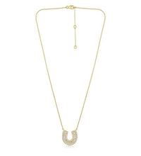 The Karat Concierge Fortuna Pave Horseshoe Necklace in 14K yellow gold with baguette and round pavé diamonds.