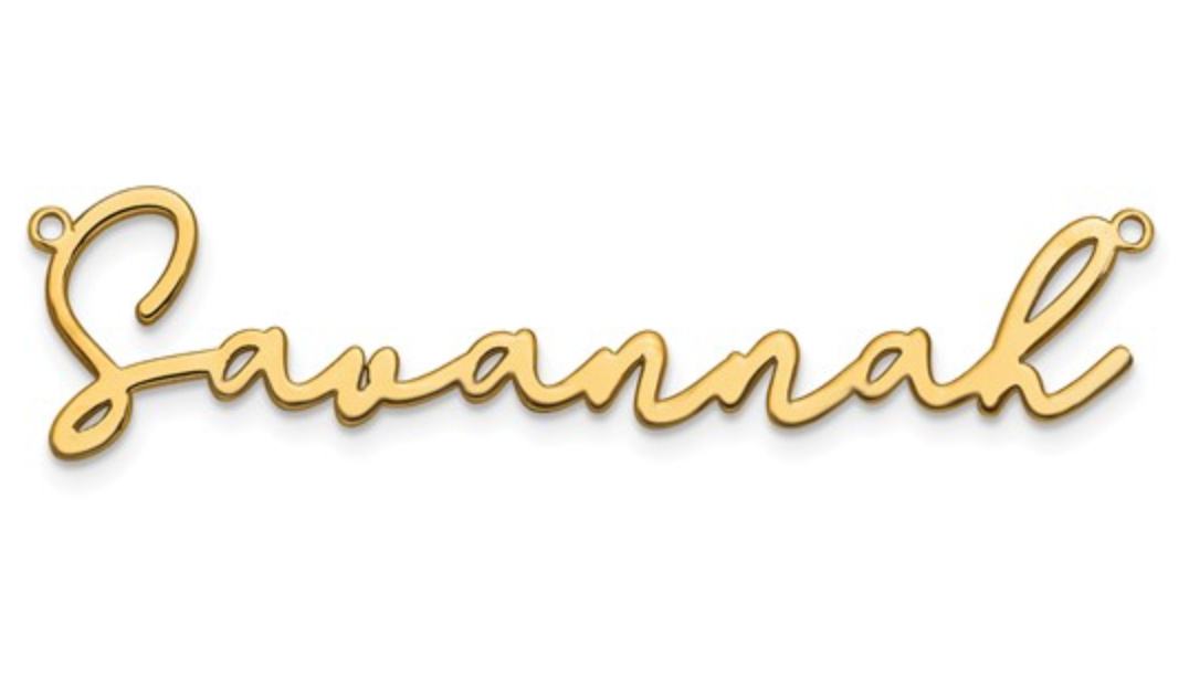 The Karat Concierge custom name necklace in 14K yellow gold with elegant script lettering on a delicate pendant.