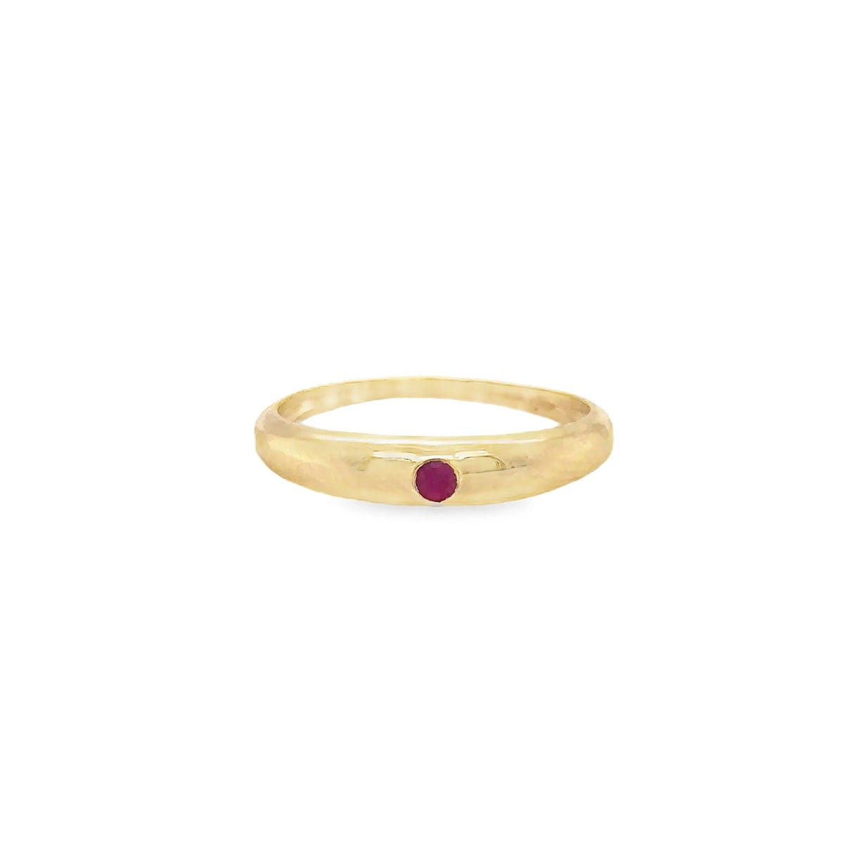 The Karat Concierge 14KT yellow gold signet ring featuring a small round ruby gemstone in a minimalist stacker design