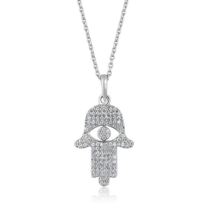 The Karat Concierge 14K gold Hamsa pendant necklace featuring 109 sparkling natural diamonds on a delicate chain.
