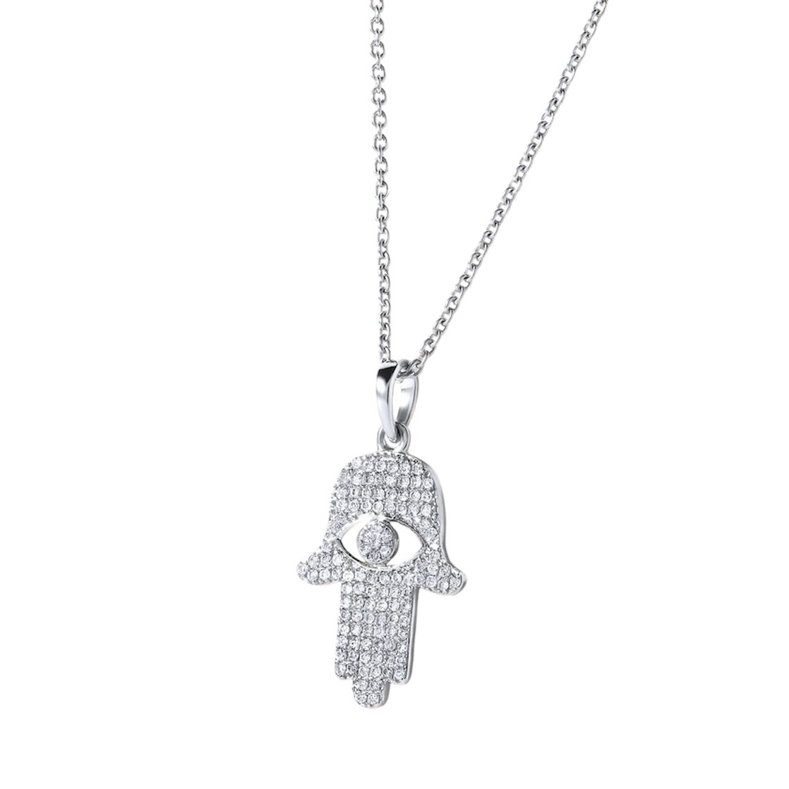 The Karat Concierge 14K gold Hamsa pendant necklace featuring 109 sparkling natural diamonds on a delicate chain.